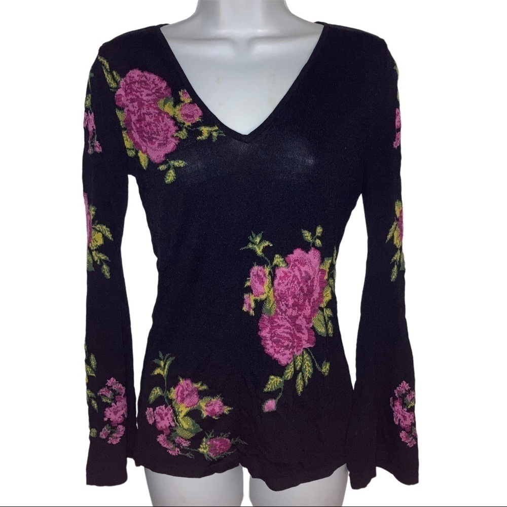 Inc Black Pink Floral V neck Long Fluted Sleeve Stretch Womens  Top XS*
